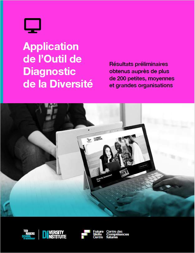 Une couverture de rapport comportant l'image d'un ordinateur portable affichant le site web de l'outil d'évaluation de la diversité.